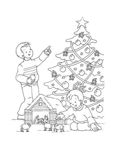 Boys by the Christmas tree coloring page